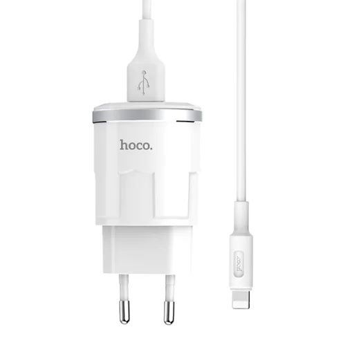 Hoco hálózati, USB fali töltő adapter 1xUSB aljzattal 2,4A 12W lightning kábellel fehér - 1