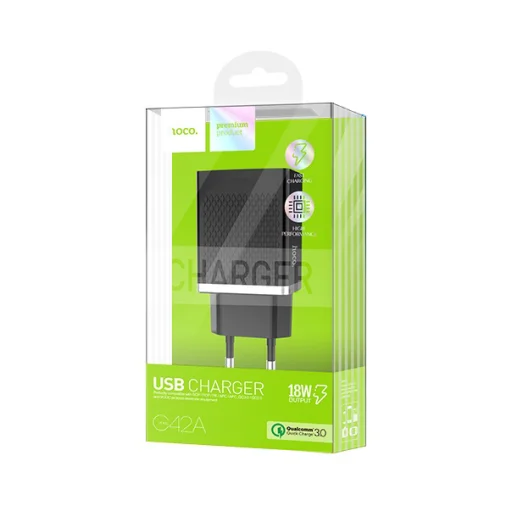 Hoco hálózati, USB fali töltő adapter QC 3.0 1xUSB fekete - 6