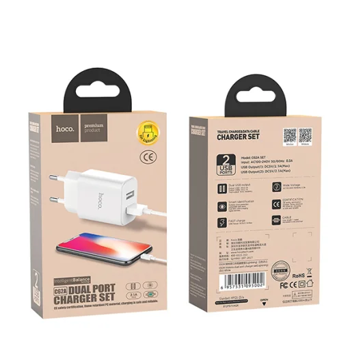 Hoco hálózati, USB fali töltő adapter 2xUSB 2.1A fehér Lightning kábellel - 9