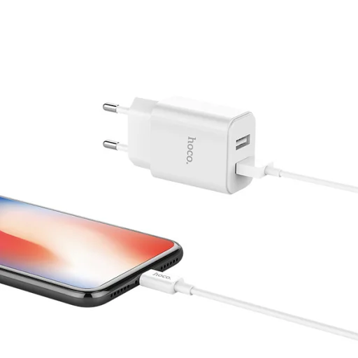 Hoco hálózati, USB fali töltő adapter 2xUSB 2.1A fehér Lightning kábellel - 5