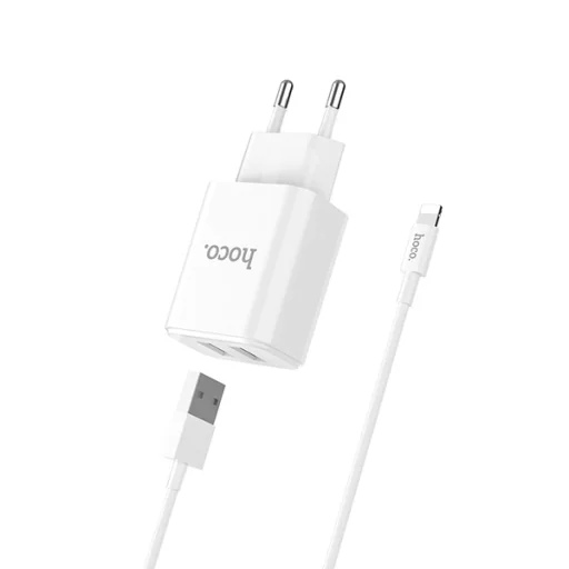 Hoco hálózati, USB fali töltő adapter 2xUSB 2.1A fehér Lightning kábellel - 1