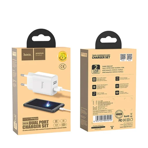 Hoco hálózati, USB fali töltő adapter 1xUSB 2.1A fehér Micro USB kábellel - 9