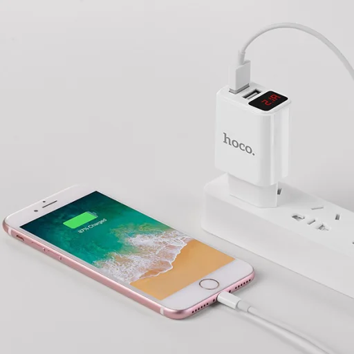 Hoco hálózati töltő adapter 2xUSB 2.1A digitális kijelzővel fehér - 8