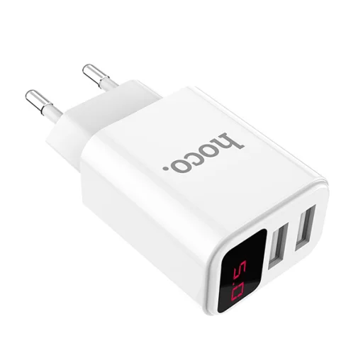 Hoco hálózati töltő adapter 2xUSB 2.1A digitális kijelzővel fehér - 3