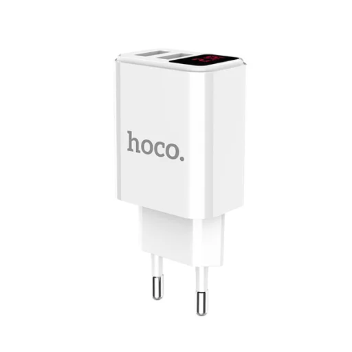 Hoco hálózati töltő adapter 2xUSB 2.1A digitális kijelzővel fehér - 2