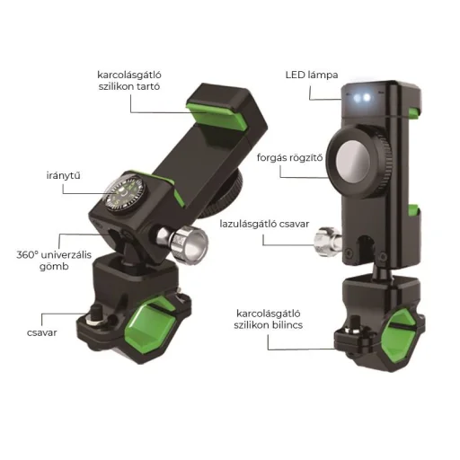 SMD XWJ-B univerzális biciklis, kerékpáros, motoros telefontartó LED világítással, iránytűvel, fekete - 4
