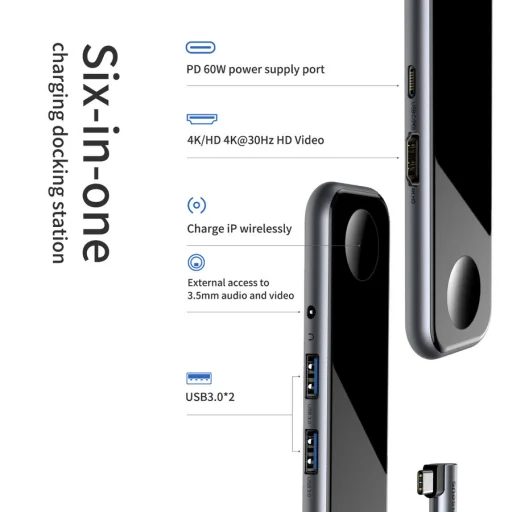 Baseus Superlative Type-C USB HUB szürke, Apple Watch töltő (CAHUB-AZ0G) - 4