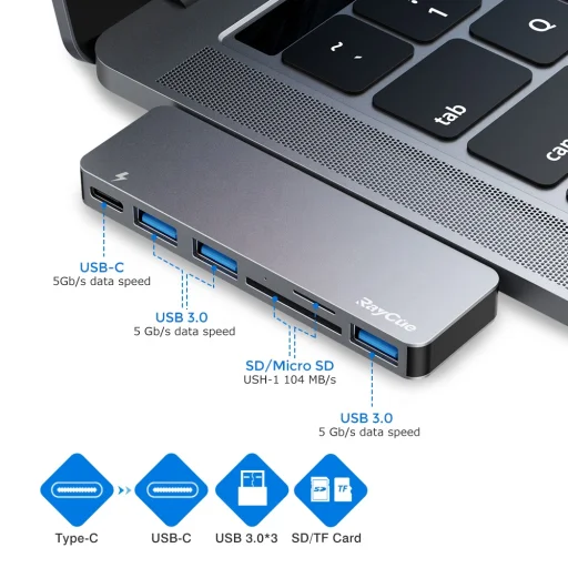 RayCue USB elosztó HUB MacBook-hoz szürke színben, Type-C, USB 3.0, SD, Micro SD, TF - 3