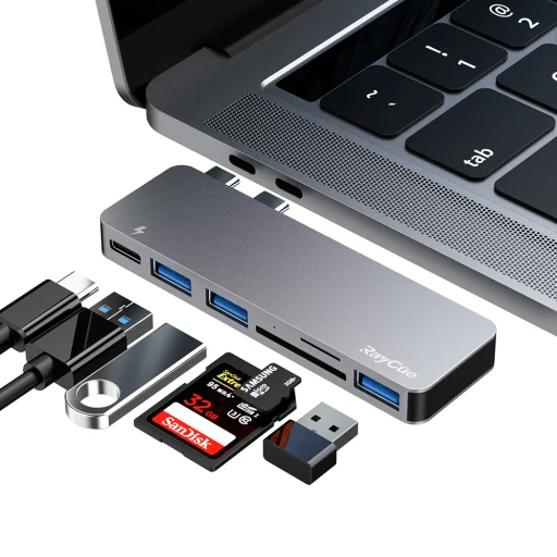 RayCue USB elosztó HUB MacBook-hoz szürke színben, Type-C, USB 3.0, SD, Micro SD, TF - 1