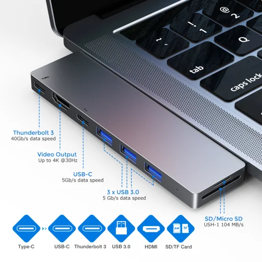RayCue 8 az 1-ben USB Type C Hub Thunderbolt 3 USB 3.0 HDMI SD MicroSD, MacBook-hoz - 2