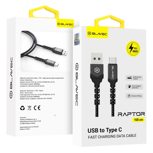 Blavec Raptor USB-A - USB-C kábel PD 66W 6A 1m, fekete-szürke (CRA-UC6BG10) - 5