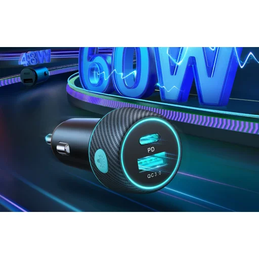  Joyroom CCN01 szivargyújtós autós töltő 1x USB-A QC3.0, 1x USB-C PD 60W (fekete) - 2