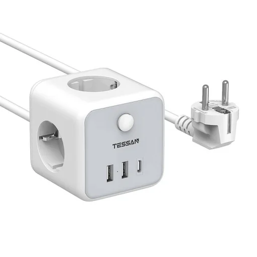 TESSAN TS-301-C-GR 3x hálózati elosztó + 2x USB-A, 1x USB-C töltő 2m - 1