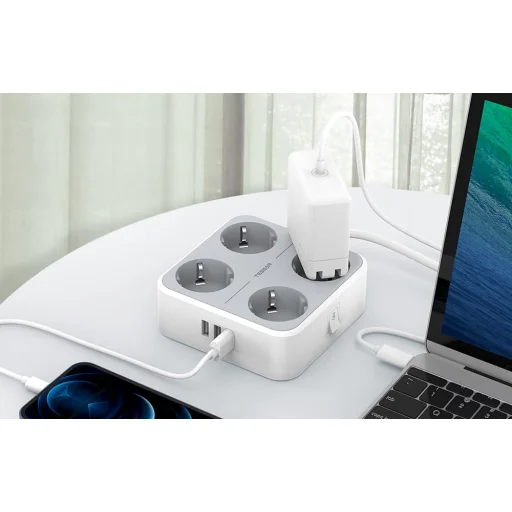 TESSAN TS-302-C-GR 4x hálózati elosztó + 2x USB-A, 1x USB-C töltő 2m - 3