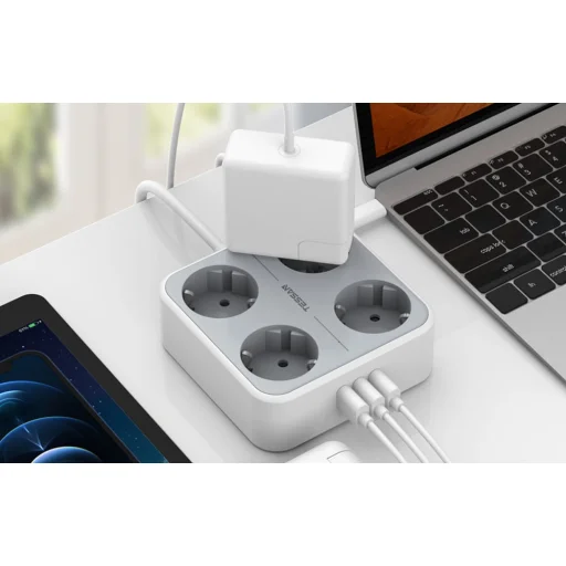 TESSAN TS-302-C-GR 4x hálózati elosztó + 2x USB-A, 1x USB-C töltő 2m - 4