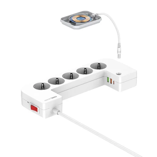LDNIO SN5311W Management hálózati elosztó doboz vezeték nélküli töltővel 5x AC, 2x USB-A, 1x USB-C, 2m - 3
