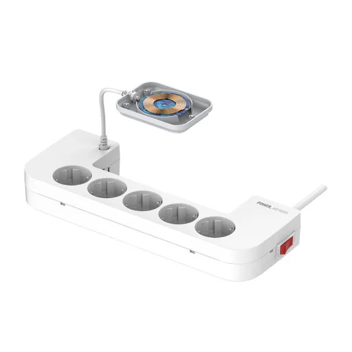 LDNIO SN5311W Management hálózati elosztó doboz vezeték nélküli töltővel 5x AC, 2x USB-A, 1x USB-C, 2m - 6