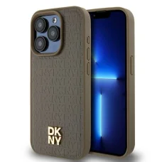 Original Case DKNY kemény tok bőr monogram mintás fém logóval MagSafe DKHMP15LPSHRPSW iPhone 15 Pro-hoz barna