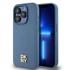 Original Case DKNY hardcase bőrtok monogram minta fém logó MagSafe DKHMP15LPSHRPSB iPhone 15 Pro kék tok