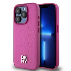 Eredeti Case DKNY kemény tok, Bőr Monogram Minta Fém Logó MagSafe DKHMP15LPSHRPSP iPhone 15 Pro rózsaszín tok