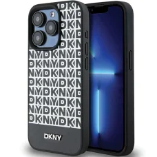 Eredeti DKNY kemény tok bőrből, nyomtatott mintával, fém logóval, MagSafe DKHMP15LPSOSPK iPhone 15 Pro-hoz fekete