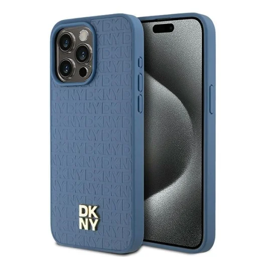 Original Case DKNY keménytok Bőr Monogramm Minta Fém Logó MagSafe DKHMP15XPSHRPSB iPhone 15 Pro Max tok kék - 1