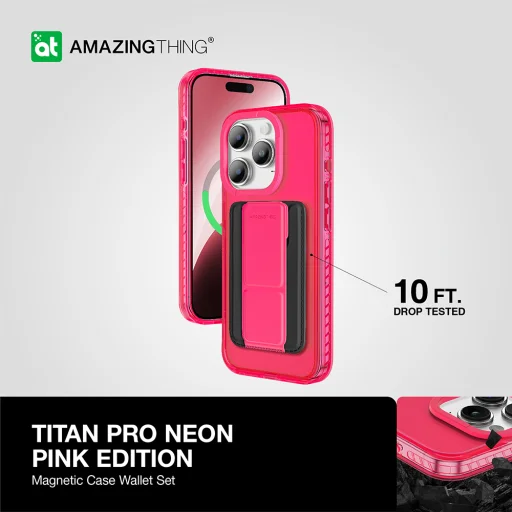 Amazing Thing Titan Pro Neon Mag Wallet tok 10FT IP156.7PTWPN iPhone 15 Pro Max pink kihajtható állvánnyal - 10
