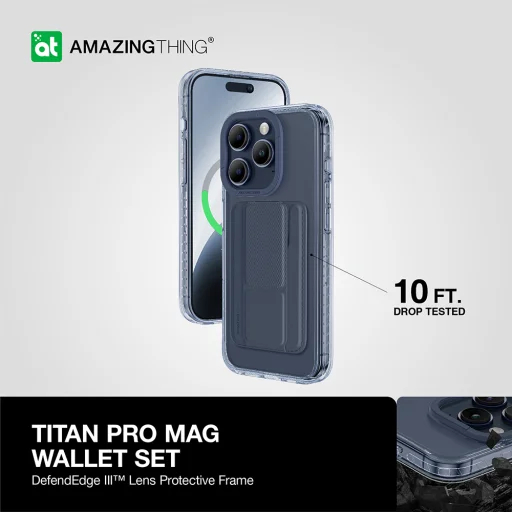 Amazing Thing Titan Pro Mag Wallet tok 10FT IP156.7PTWBU iPhone 15 Pro Max sötétkék kitámasztóval - 10