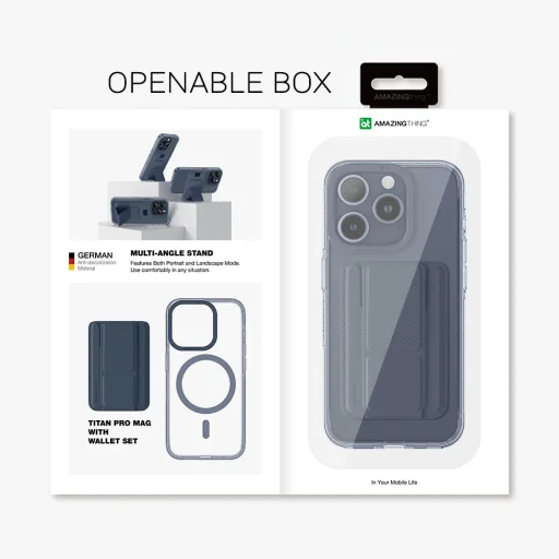 Amazing Thing Titan Pro Mag Wallet tok 10FT IP156.7PTWBU iPhone 15 Pro Max sötétkék kitámasztóval - 11