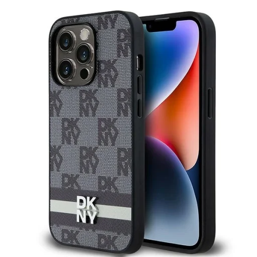 Eredeti DKNY keménytok bőr kockás és csíkos mintázattal (DKHCP14LPCPTSSK) iPhone 14 Pro fekete tok - 1