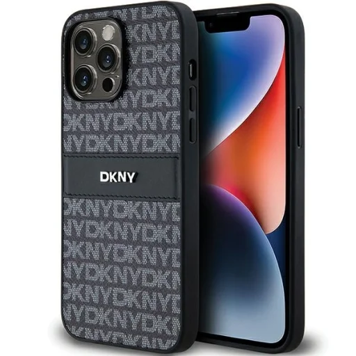 Eredeti DKNY kemény tok bőr Mono Stripe & fém logóval iPhone 14 Pro Max fekete - 1