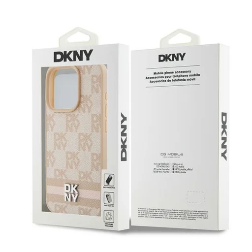 Eredeti DKNY bőrtok kockás mono mintával és nyomtatott csíkokkal iPhone 15 Pro Max rózsaszín tok - 8
