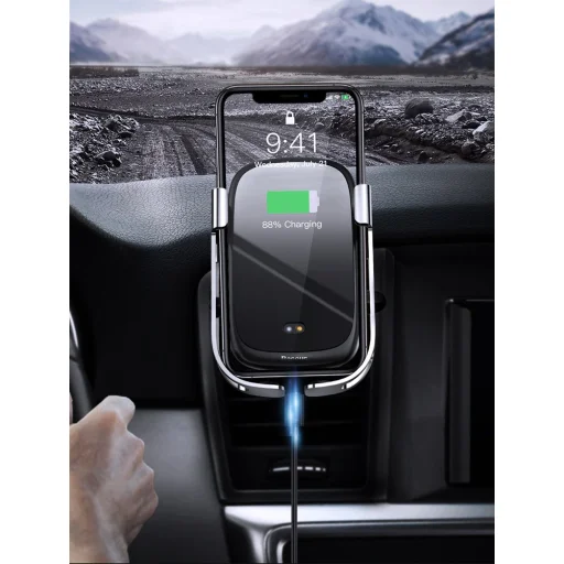 Baseus Rock Solid autós telefontartó elektromos zárhatósággal és vezeték nélküli Qi töltéssel ezüst (WXHW01-0S) - 12