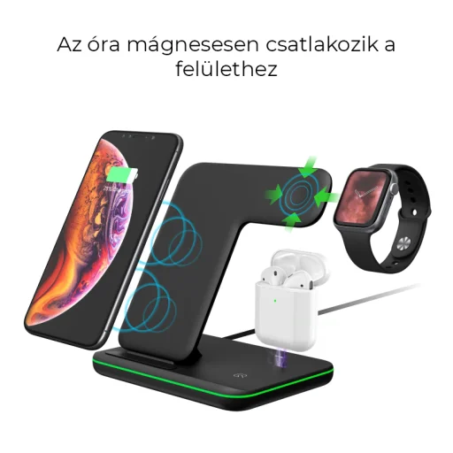 BeeGeek XFHZ5 vezeték nélküli töltő, apple watch, airpods, iPhone töltőállomás fekete színben - 8