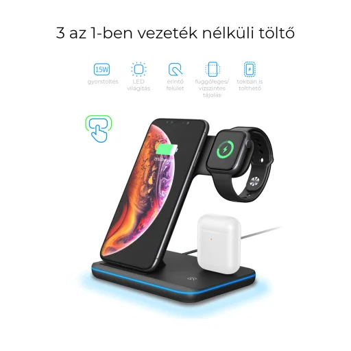 BeeGeek XFHZ5 vezeték nélküli töltő, apple watch, airpods, iPhone töltőállomás fekete színben - 2