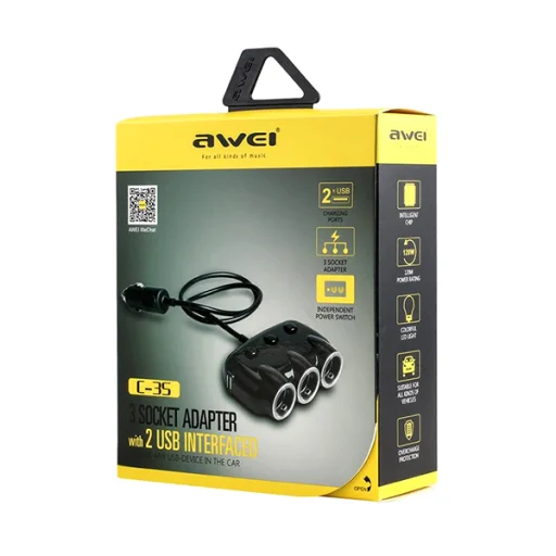 Awei C-35 szivargyújtó elosztó fekete színben - 5