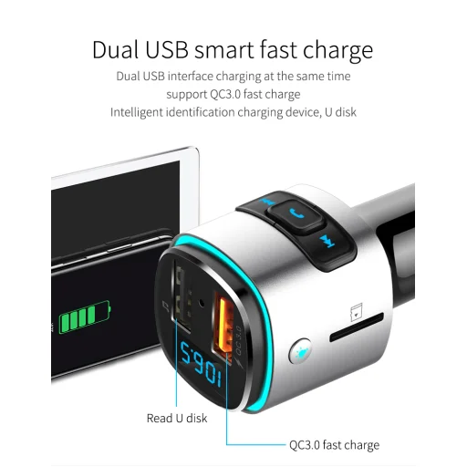 SMD Bluetooth FM transmitter USB 2.0, USB 3.0 QC töltő 4.2 ezüst-fekete WMA, MP3, WAV (SMD-BC41) - 2