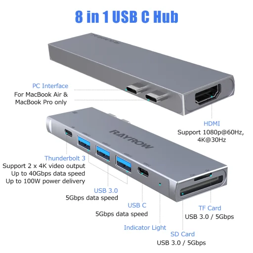 RayCue 8 az 1-ben USB Type C Hub 1x Thunderbolt 3x USB 3.0 1x USB C HDMI SD microSD, MacBook-hoz - 2