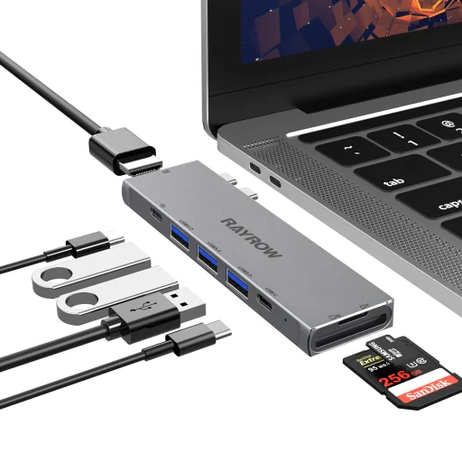 RayCue 8 az 1-ben USB Type C Hub 1x Thunderbolt 3x USB 3.0 1x USB C HDMI SD microSD, MacBook-hoz - 1