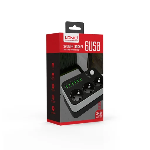 Hálózati elosztó 3x aljzat/ 6x USB porttal fekete (SE3631) LDNIO 3.4 antisztatikus 1.6m - 5