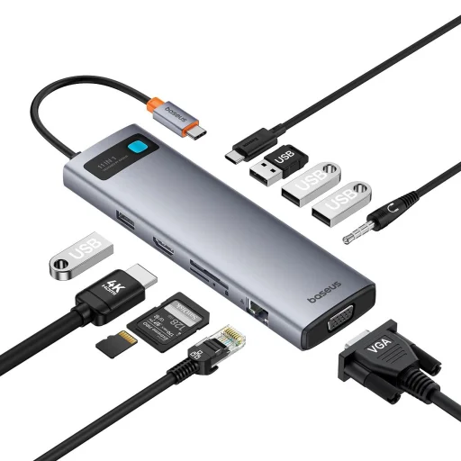 HUB 11in1 Baseus Metal Gleam Series USB-C to USB-C PD / 3x USB-A 3.0 / USB-A 2.0 / HDMI / VGA / AUX / RJ-45 / SD TF - gray - 1