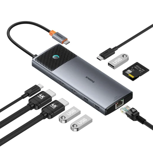 HUB 10in1 Baseus Metal Gleam II USB-C - HDMI 4K 120Hz / HDMI 4K 60Hz / USB-A 3.2 / 2x USB-A / USB-C 3.2 / RJ45 / SD, TF olvasó / USB-C - szürke - 1