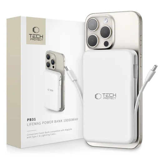 Tech-Protect LifeMag PB31 Powerbank MagSafe kompatibilis 10000mAh 15W USB-C / USB-A / beépített USB-C / Lightning kábelekkel - fehér - 1