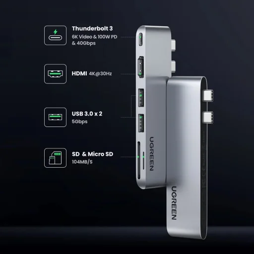 HUB Ugreen CM380 2xUSB C - HDMI/2xUSB 3.0/SD TF/USB C PD - szürke - 6