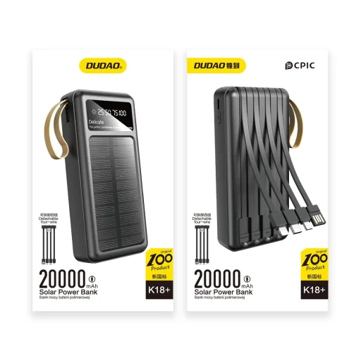 Dudao K18+ napelemes powerbank 20000 mAh USB-A / USB-C / Lightning / micro USB kábelekkel - fekete - 5