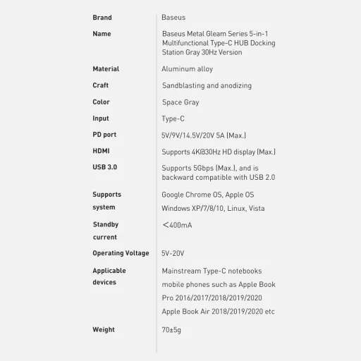 Baseus Metal Gleam Series 5-in-1 Multifunctional Type-C HUB Docking Station Gray 30Hz Version Gray - 23