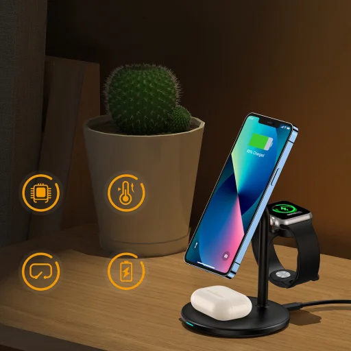 Choetech T585-F 3 az 1-ben mágneses vezeték nélküli töltőállomás iPhone 12/13/14 sorozathoz, AirPods Pro-hoz és iWatch töltő fekete - 3
