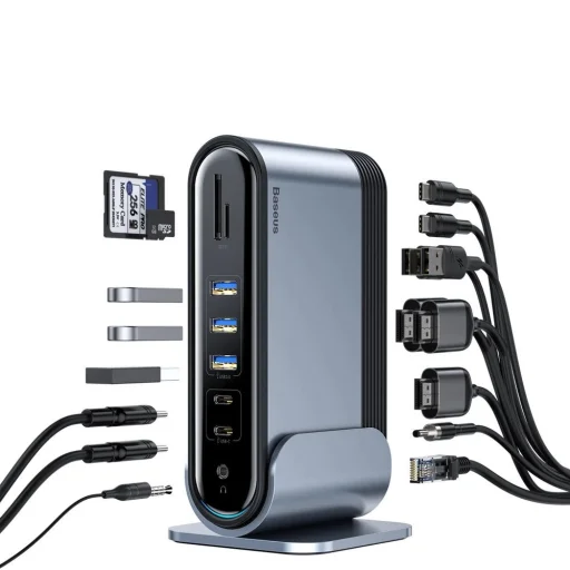 Baseus multifunkcionális HUB: 3x USB 3.2 Gen 1 / 2x USB 2.0 / 2x USB Type C / SD és micro SD kártyaolvasó / AUX / 3x HDMI / RJ45 1Gbps / Power Delivery 100W (EU / CN / UK dugók) szürke (CAHUB-DG0G) - 4