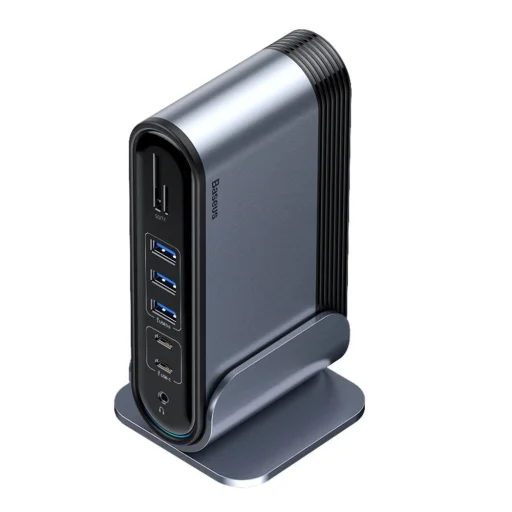 Baseus multifunkcionális HUB: 3x USB 3.2 Gen 1 / 2x USB 2.0 / 2x USB Type C / SD és micro SD kártyaolvasó / AUX / 3x HDMI / RJ45 1Gbps / Power Delivery 100W (EU / CN / UK dugók) szürke (CAHUB-DG0G) - 5