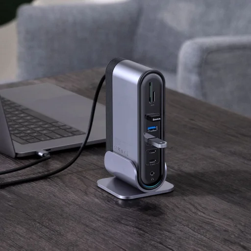 Baseus multifunkcionális HUB: 3x USB 3.2 Gen 1 / 2x USB 2.0 / 2x USB Type C / SD és micro SD kártyaolvasó / AUX / 3x HDMI / RJ45 1Gbps / Power Delivery 100W (EU / CN / UK dugók) szürke (CAHUB-DG0G) - 11